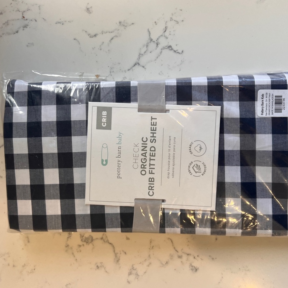 Pottery Barn Baby Navy check organic fitted crib sheet